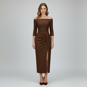 Tilly | Women’s Off Shoulder Evening Dress Brown